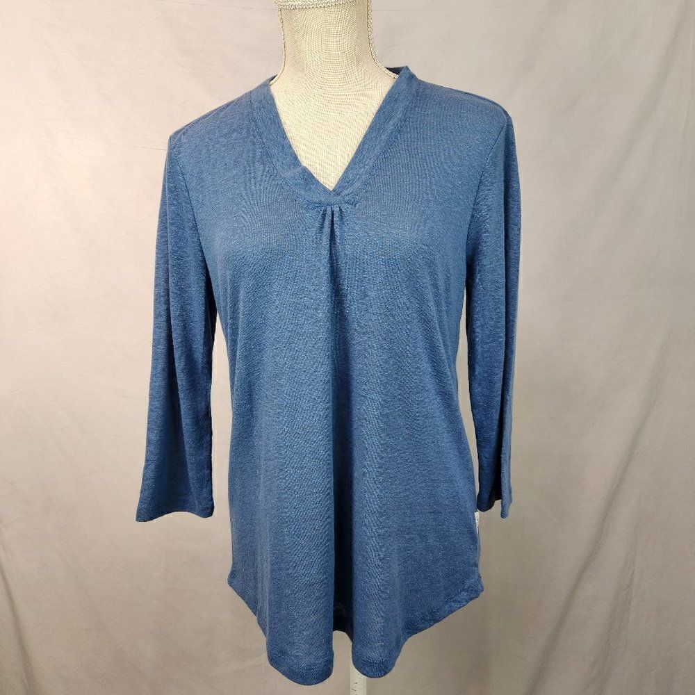 NWT Orvis Women's V Neck 3/4 Sleeve Relaxed Fit Linen Blend Top S Moonlight Blue